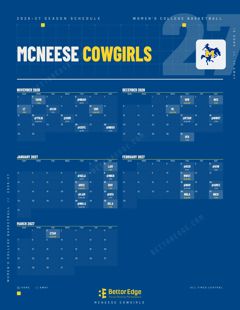 McNeese Cowgirls 2026-27 women's basketball schedule, free printable, every game with start times and TV