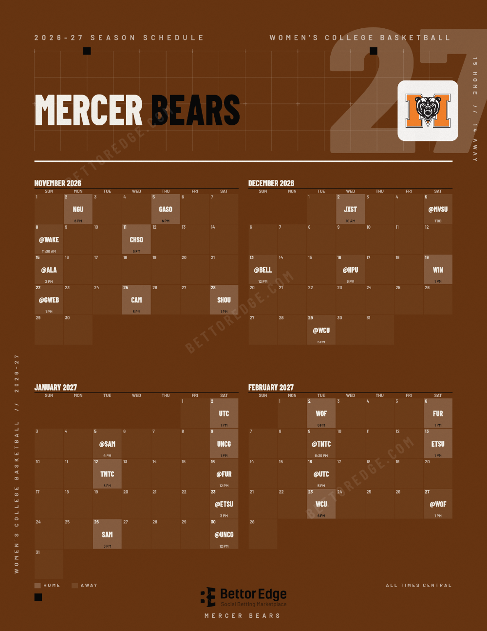 Mercer Bears 2026-27 women's basketball schedule, free printable, every game with start times and TV