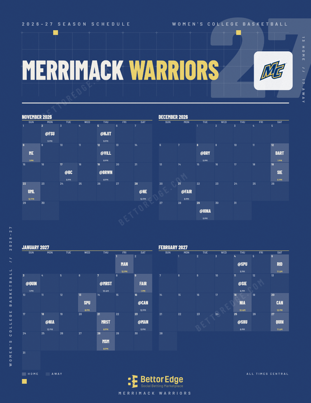 Merrimack Warriors 2026-27 women's basketball schedule, free printable, every game with start times and TV
