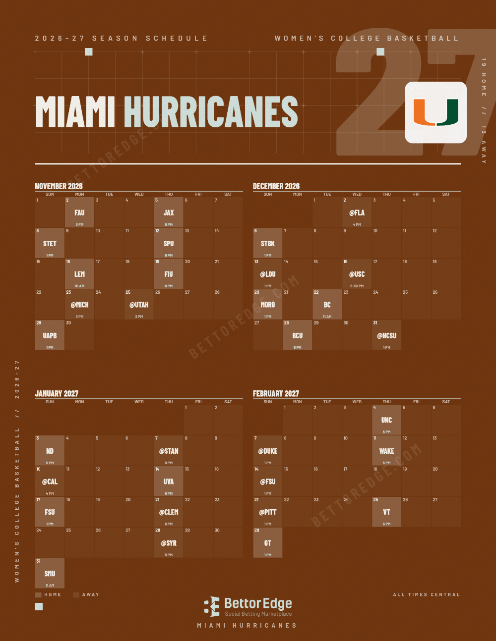 Miami Hurricanes 2026-27 women's basketball schedule, free printable, every game with start times and TV