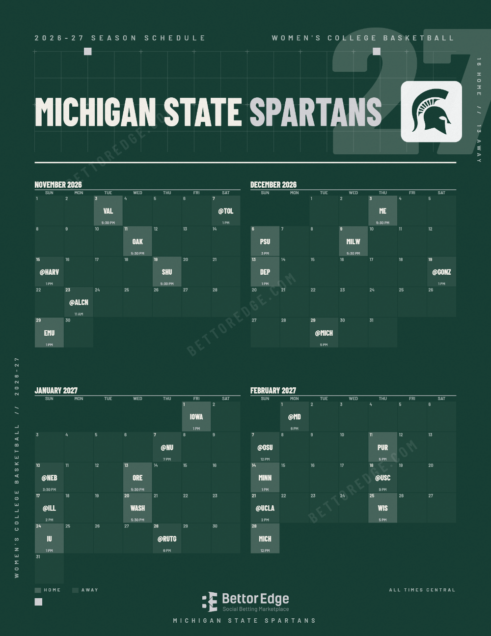 Michigan State Spartans 2026-27 women's basketball schedule, free printable, every game with start times and TV