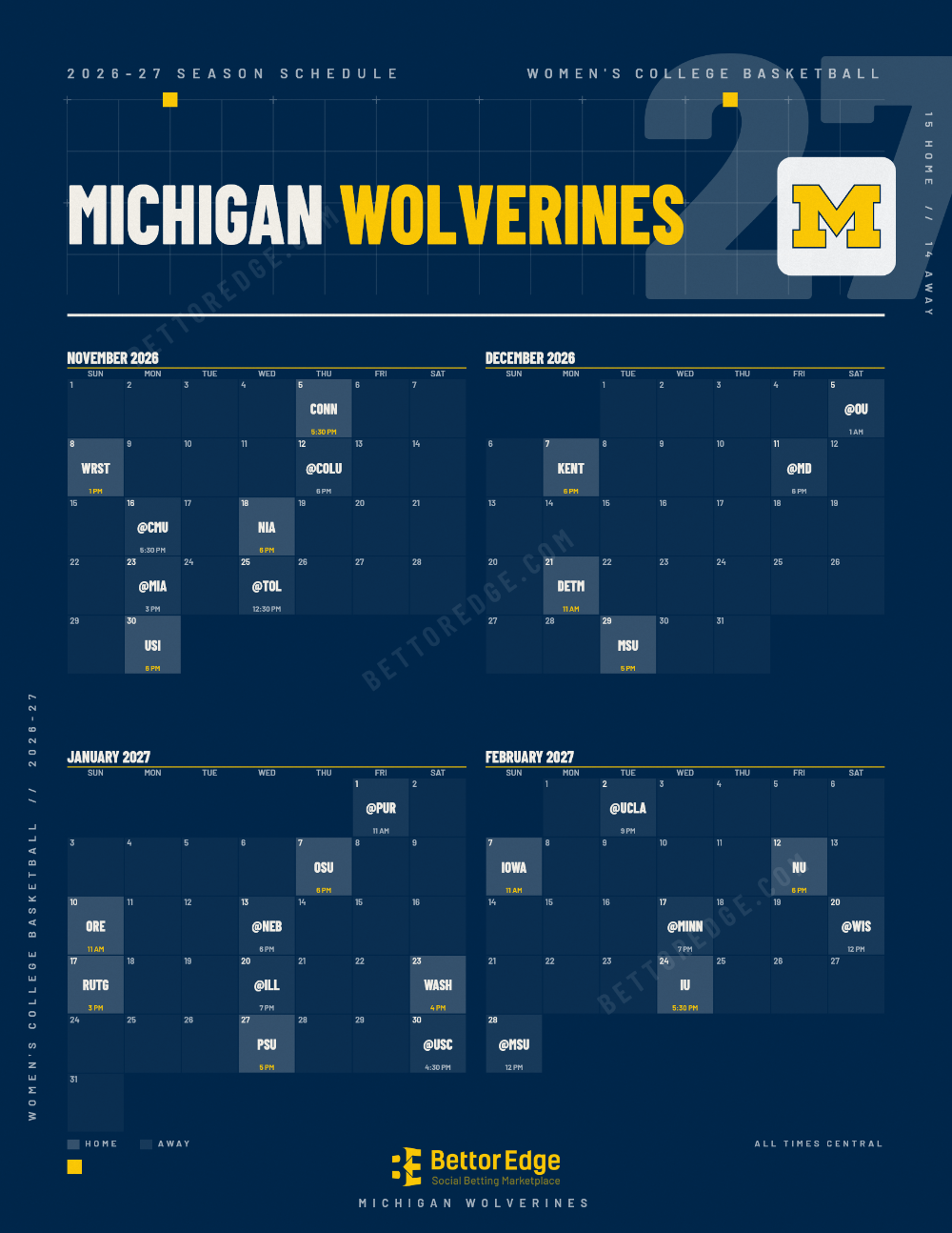 Michigan Wolverines 2026-27 women's basketball schedule, free printable, every game with start times and TV