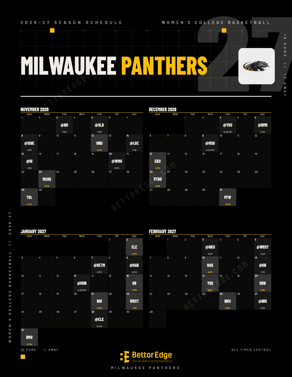 Milwaukee Panthers 2026-27 women's basketball schedule, free printable, every game with start times and TV