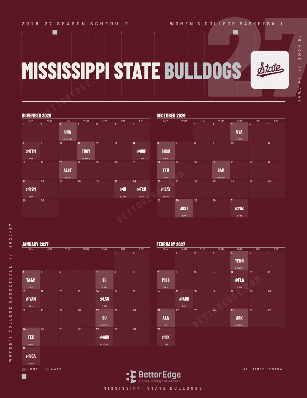 Mississippi State Bulldogs 2026-27 women's basketball schedule, free printable, every game with start times and TV