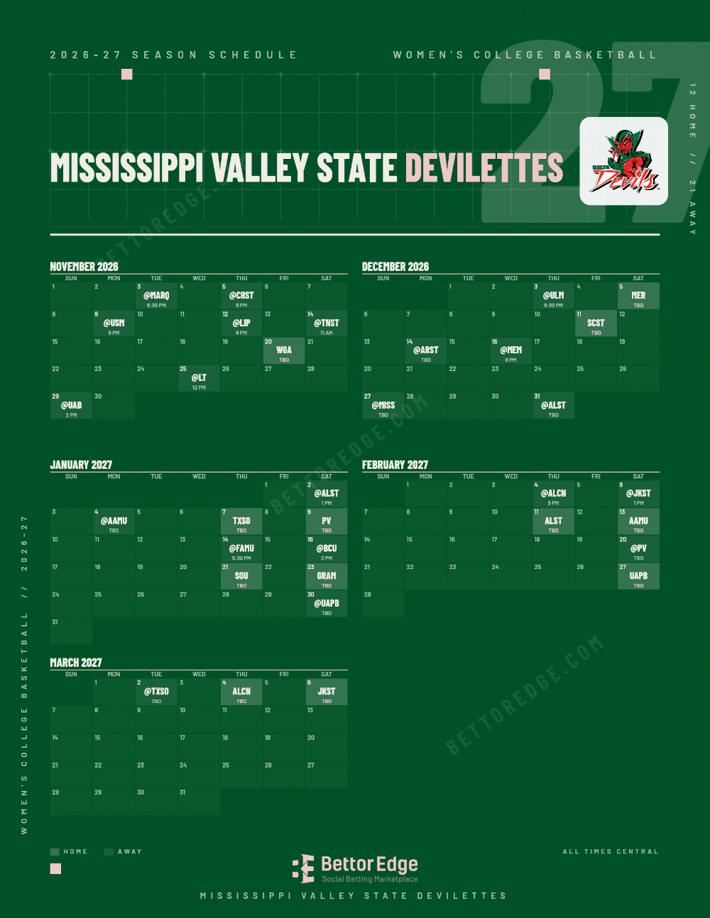 Mississippi Valley State Devilettes 2026-27 women's basketball schedule, free printable, every game with start times and TV