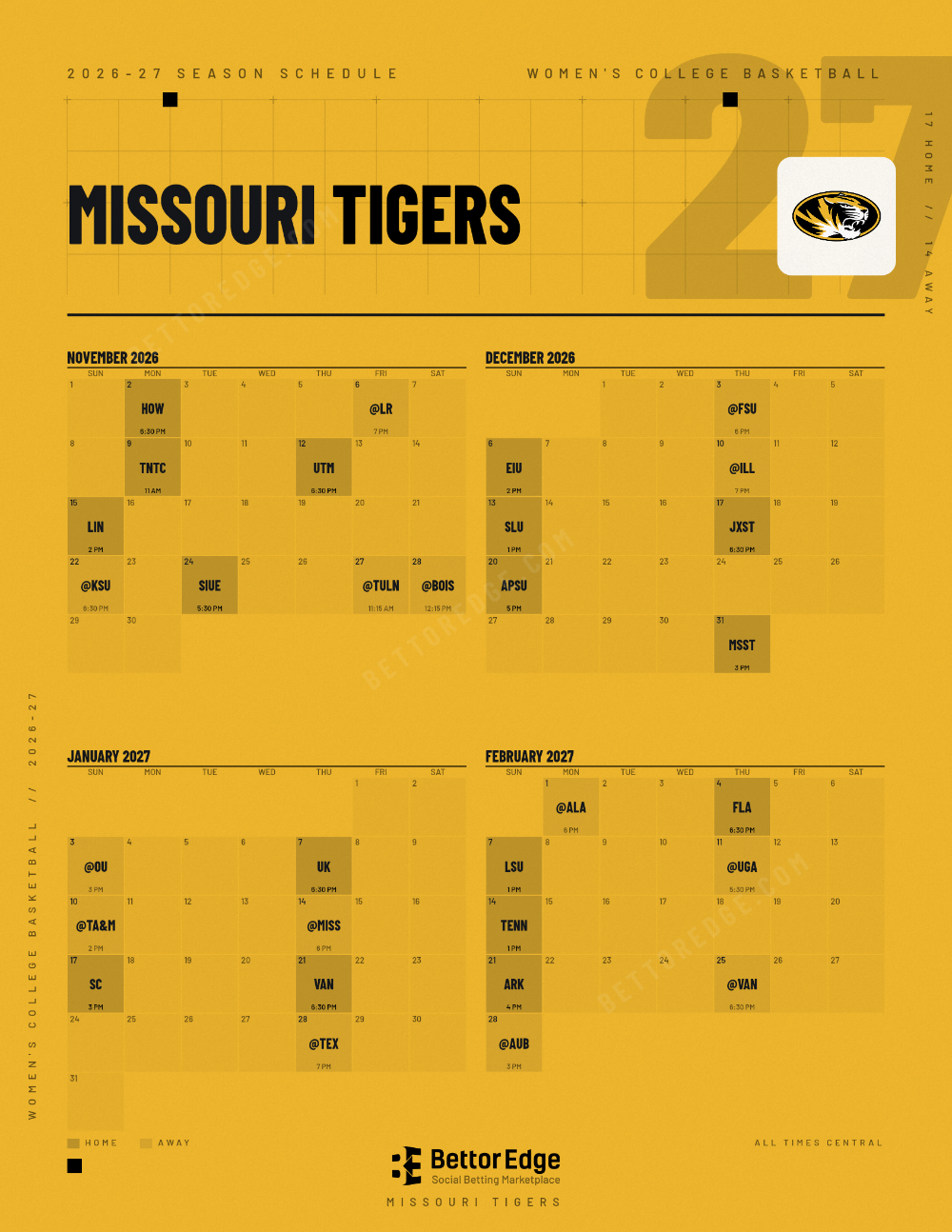 Missouri Tigers 2026-27 women's basketball schedule, free printable, every game with start times and TV