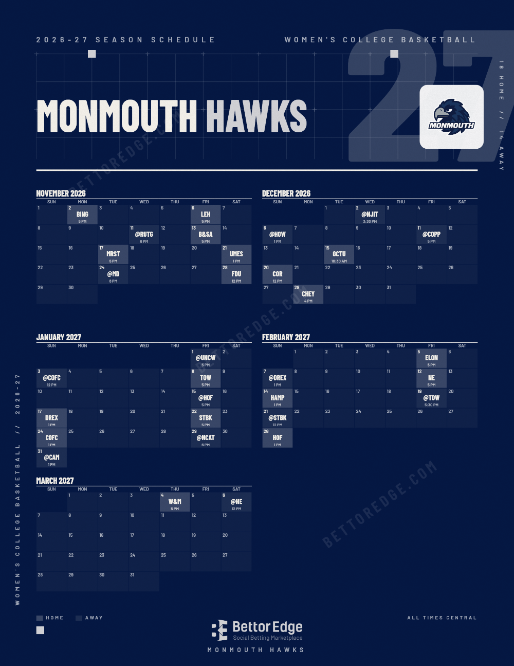 Monmouth Hawks 2026-27 women's basketball schedule, free printable, every game with start times and TV