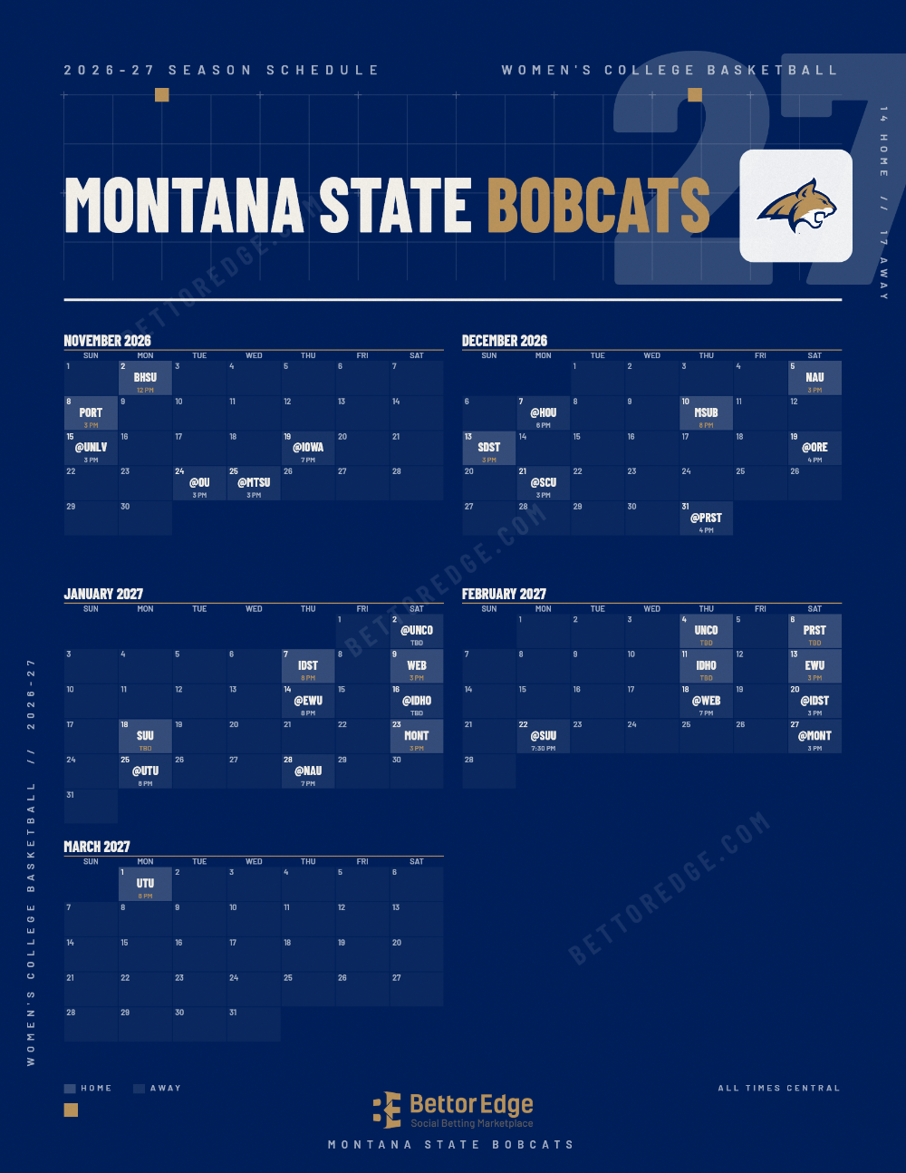 Montana State Bobcats 2026-27 women's basketball schedule, free printable, every game with start times and TV