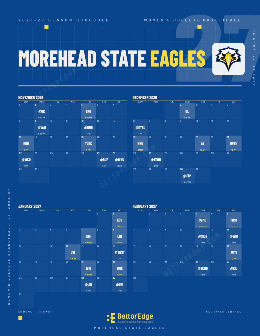 Morehead State Eagles 2026-27 women's basketball schedule, free printable, every game with start times and TV