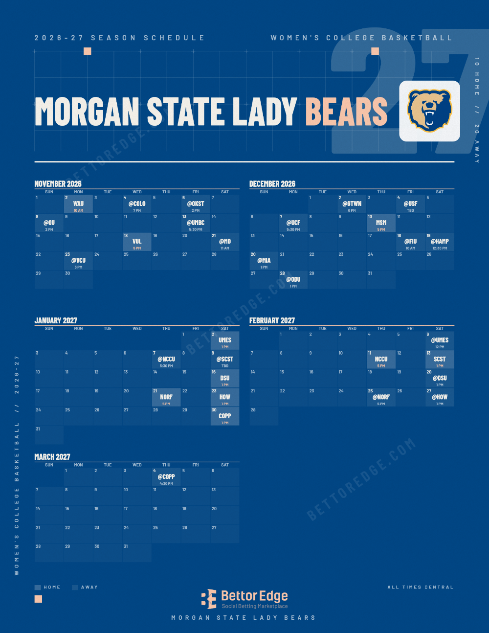 Morgan State Lady Bears 2026-27 women's basketball schedule, free printable, every game with start times and TV
