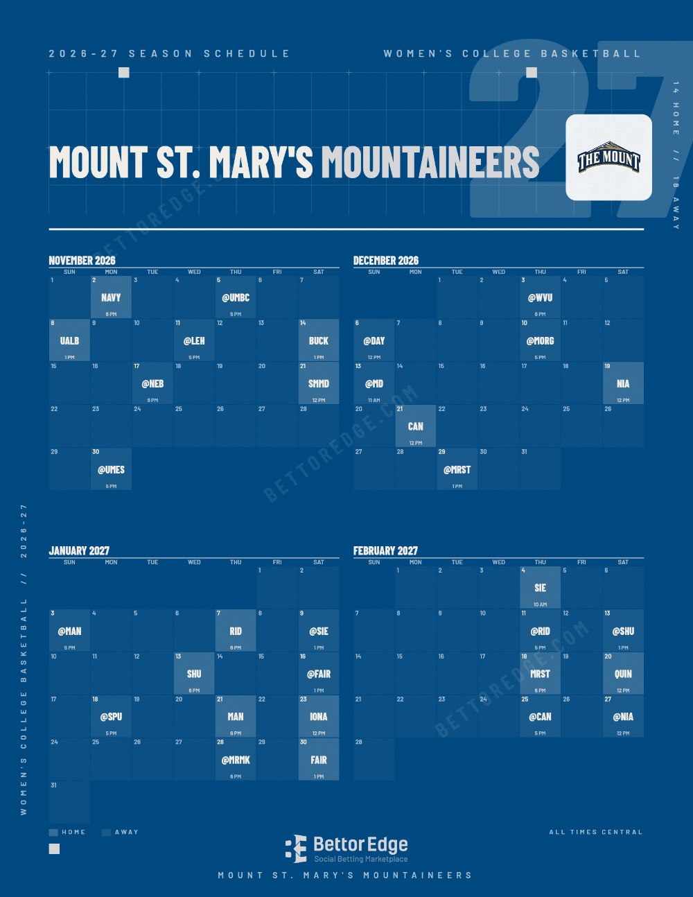 Mount St. Mary's Mountaineers 2026-27 women's basketball schedule, free printable, every game with start times and TV