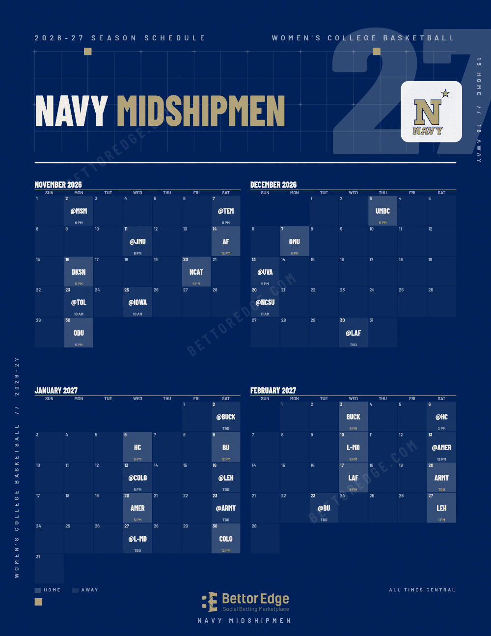 Navy Midshipmen 2026-27 women's basketball schedule, free printable, every game with start times and TV