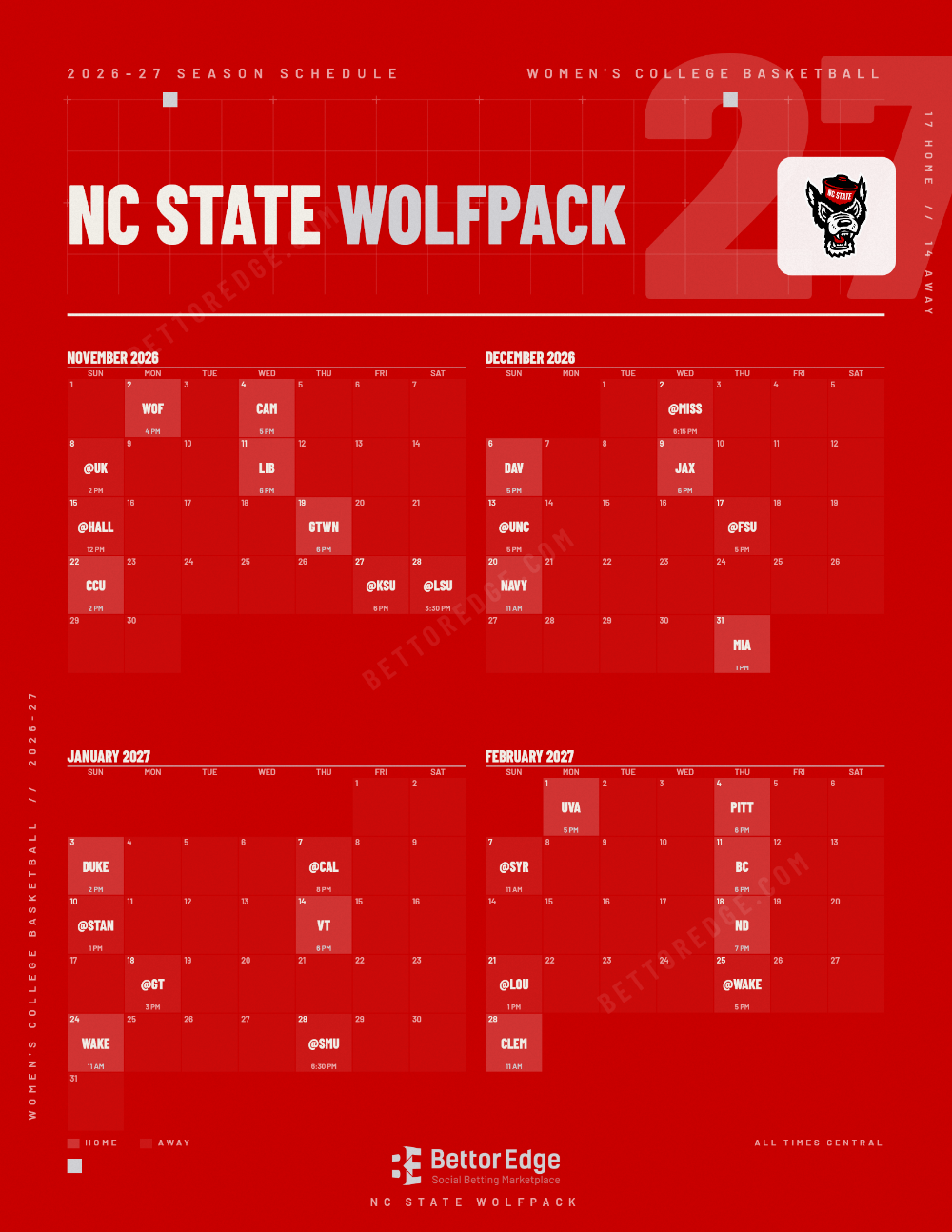 NC State Wolfpack 2026-27 women's basketball schedule, free printable, every game with start times and TV