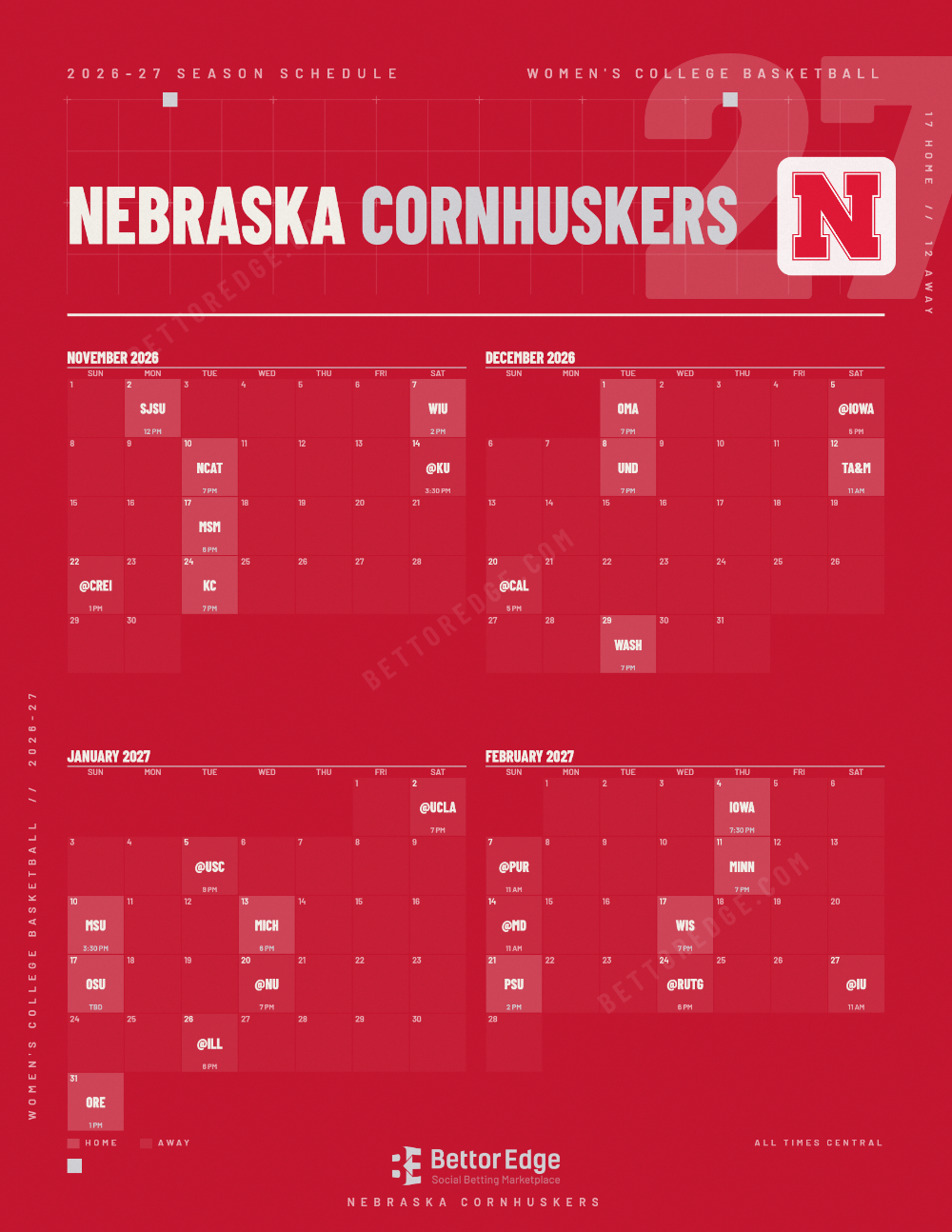 Nebraska Cornhuskers 2026-27 women's basketball schedule, free printable, every game with start times and TV