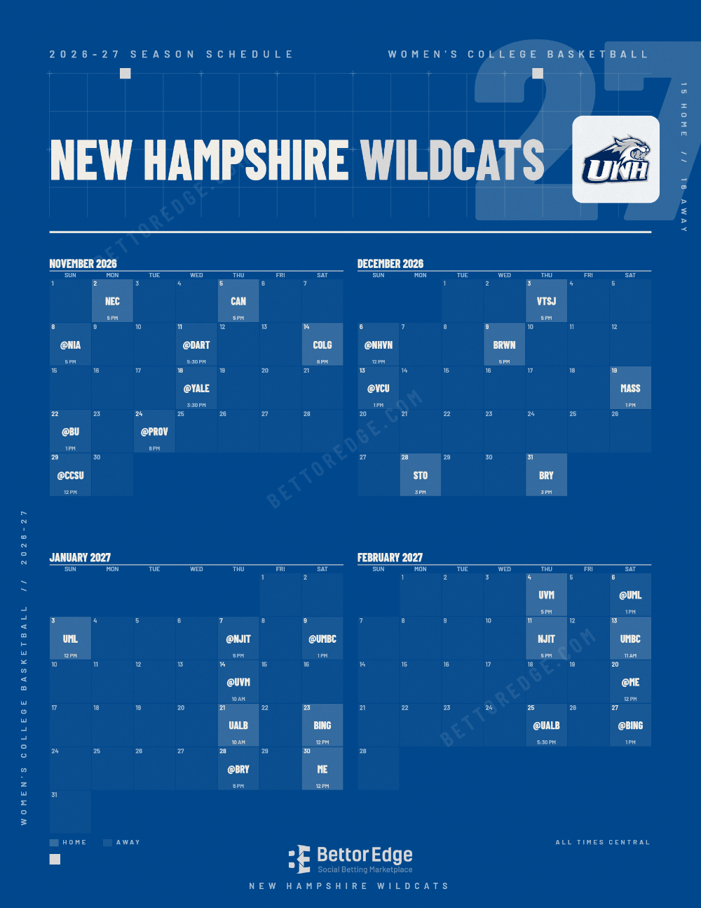 New Hampshire Wildcats 2026-27 women's basketball schedule, free printable, every game with start times and TV