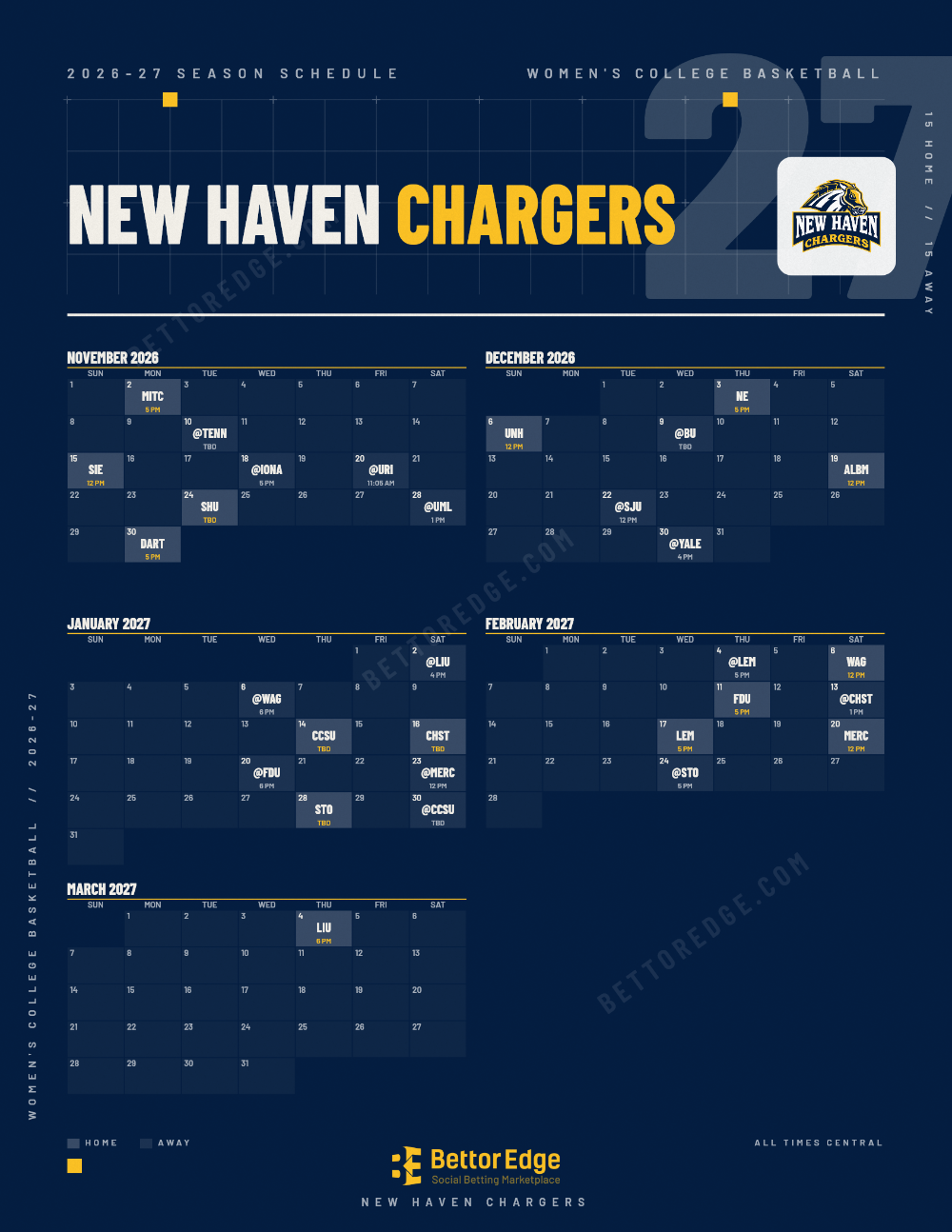 New Haven Chargers 2026-27 women's basketball schedule, free printable, every game with start times and TV