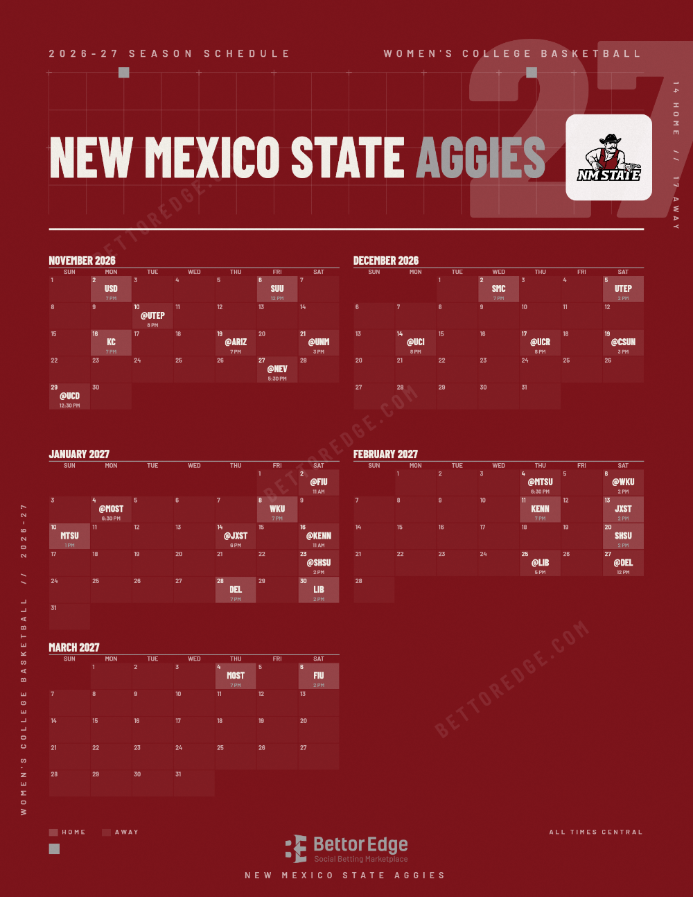 New Mexico State Aggies 2026-27 women's basketball schedule, free printable, every game with start times and TV