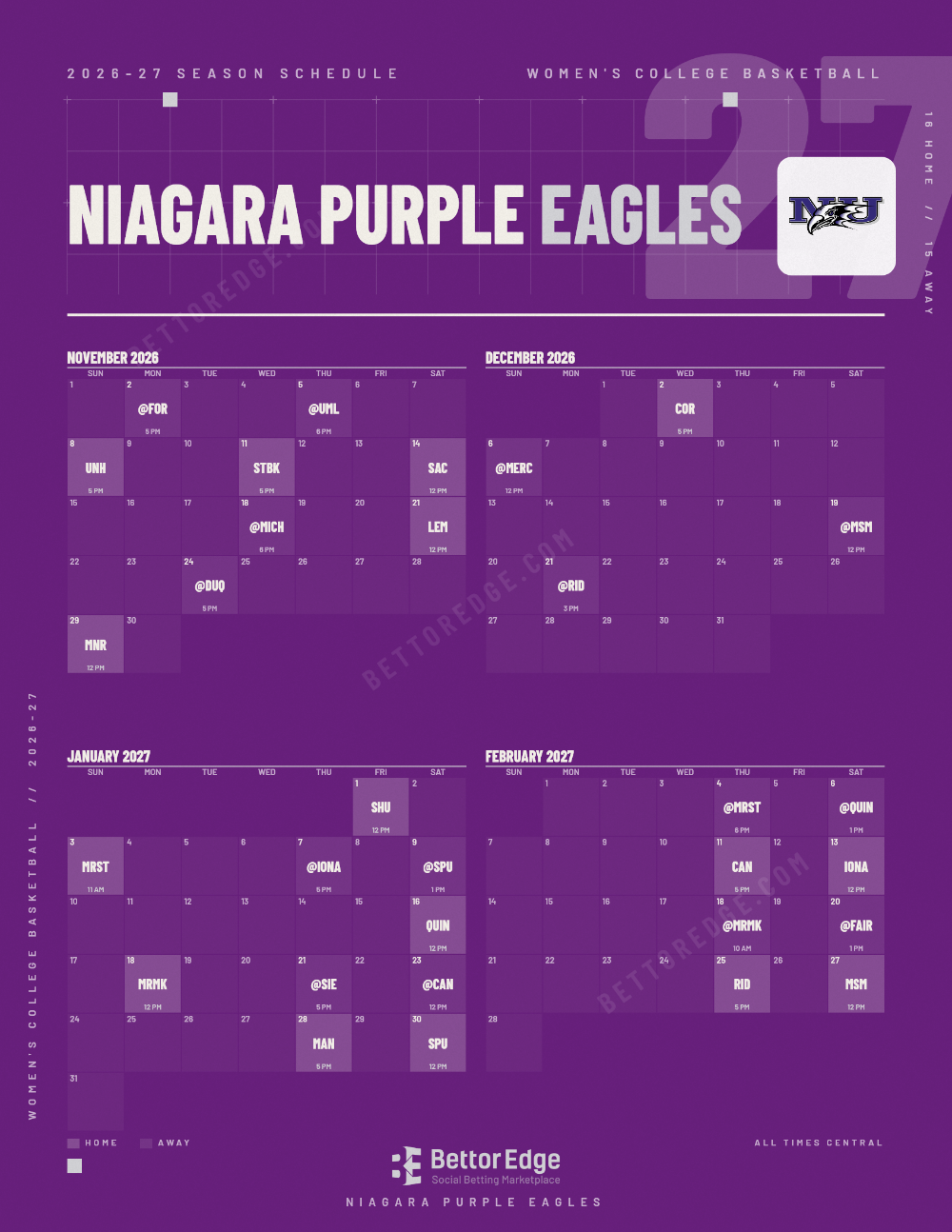 Niagara Purple Eagles 2026-27 women's basketball schedule, free printable, every game with start times and TV