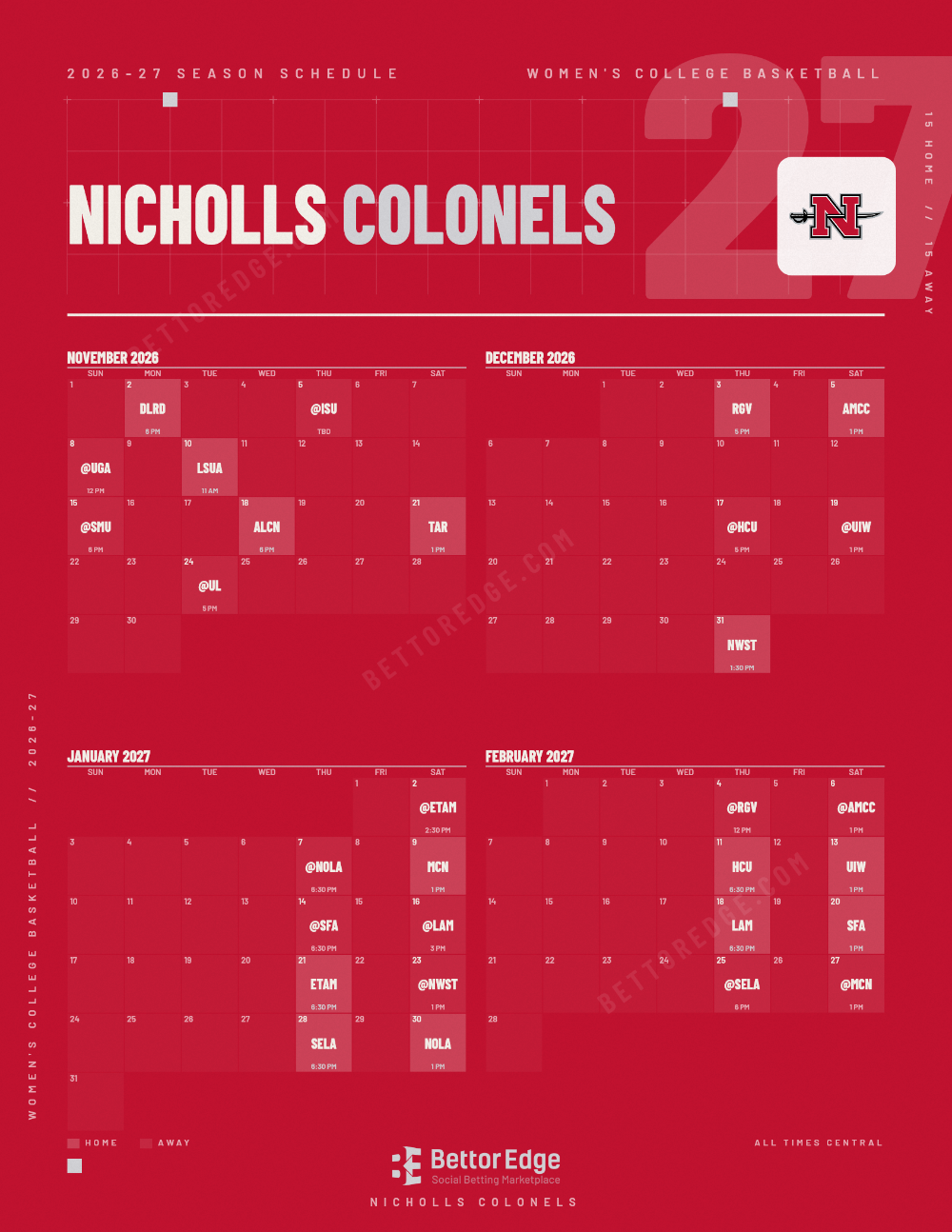 Nicholls Colonels 2026-27 women's basketball schedule, free printable, every game with start times and TV