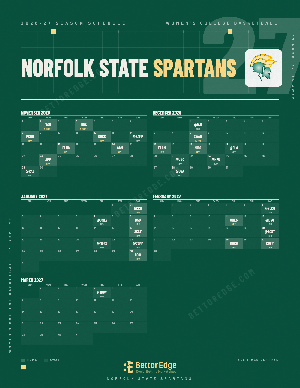Norfolk State Spartans 2026-27 women's basketball schedule, free printable, every game with start times and TV
