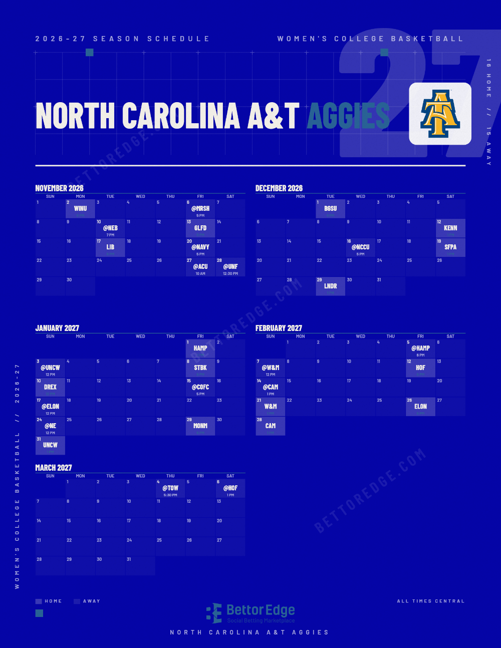 North Carolina A&T Aggies 2026-27 women's basketball schedule, free printable, every game with start times and TV