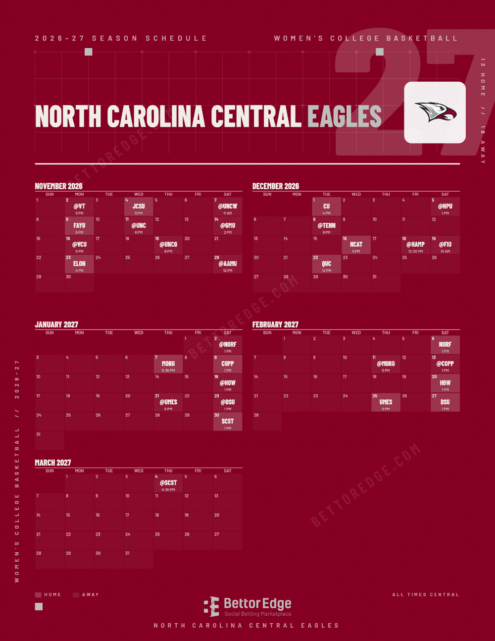 North Carolina Central Eagles 2026-27 women's basketball schedule, free printable, every game with start times and TV