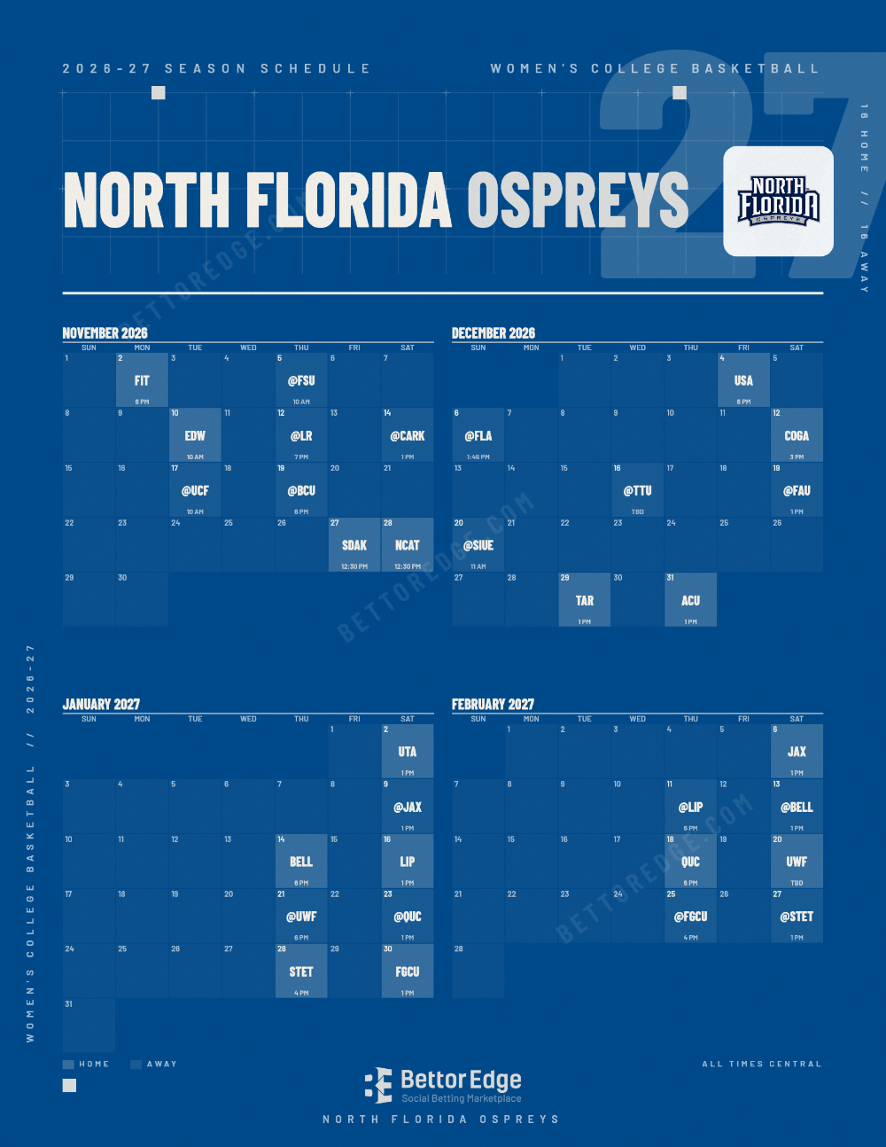 North Florida Ospreys 2026-27 women's basketball schedule, free printable, every game with start times and TV