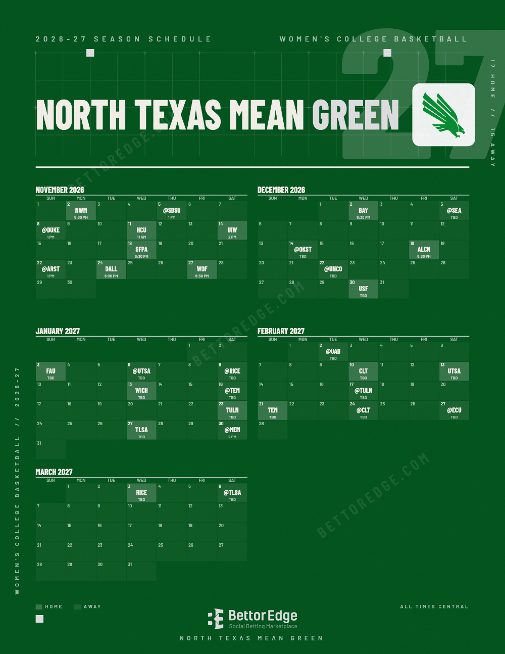 North Texas Mean Green 2026-27 women's basketball schedule, free printable, every game with start times and TV