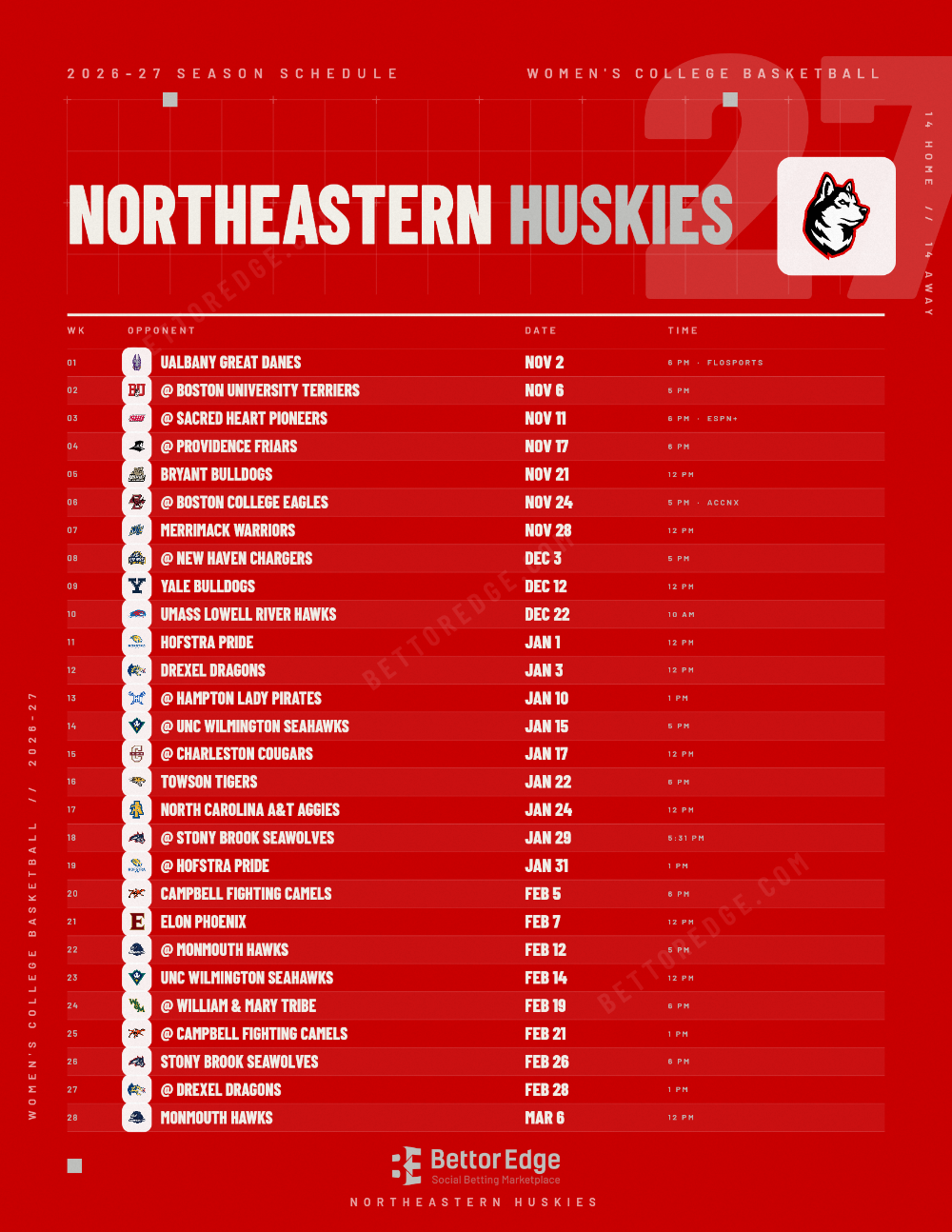 Northeastern Huskies 2026-27 women's basketball schedule, free printable, every game with start times and TV