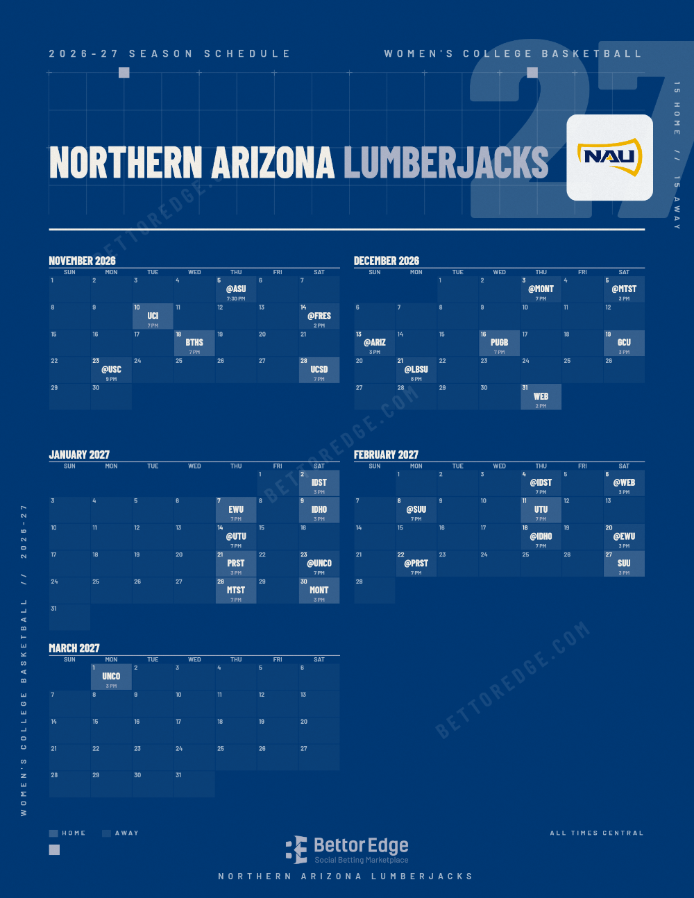 Northern Arizona Lumberjacks 2026-27 women's basketball schedule, free printable, every game with start times and TV