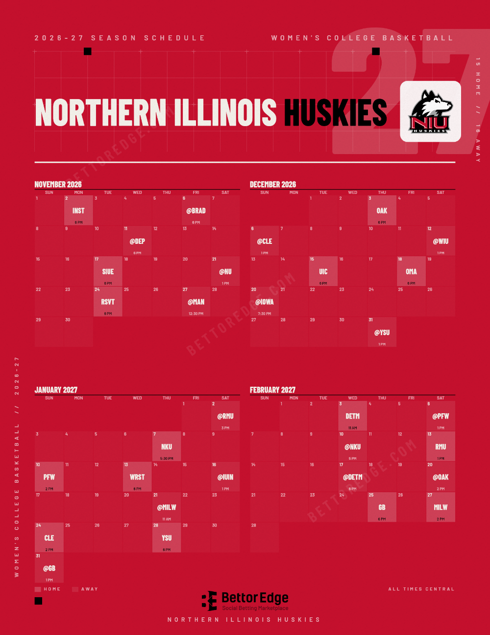 Northern Illinois Huskies 2026-27 women's basketball schedule, free printable, every game with start times and TV