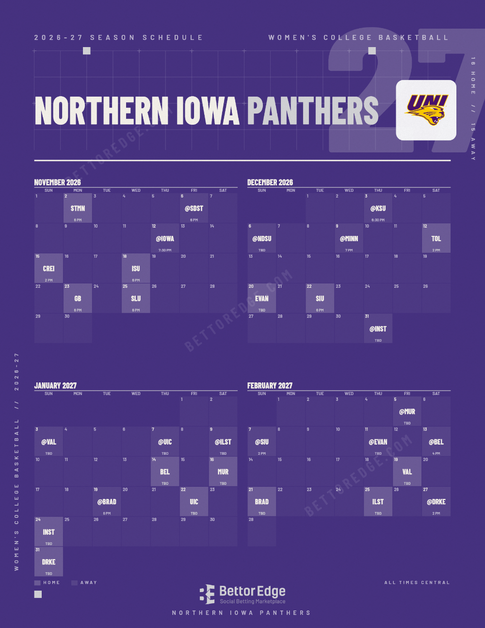 Northern Iowa Panthers 2026-27 women's basketball schedule, free printable, every game with start times and TV