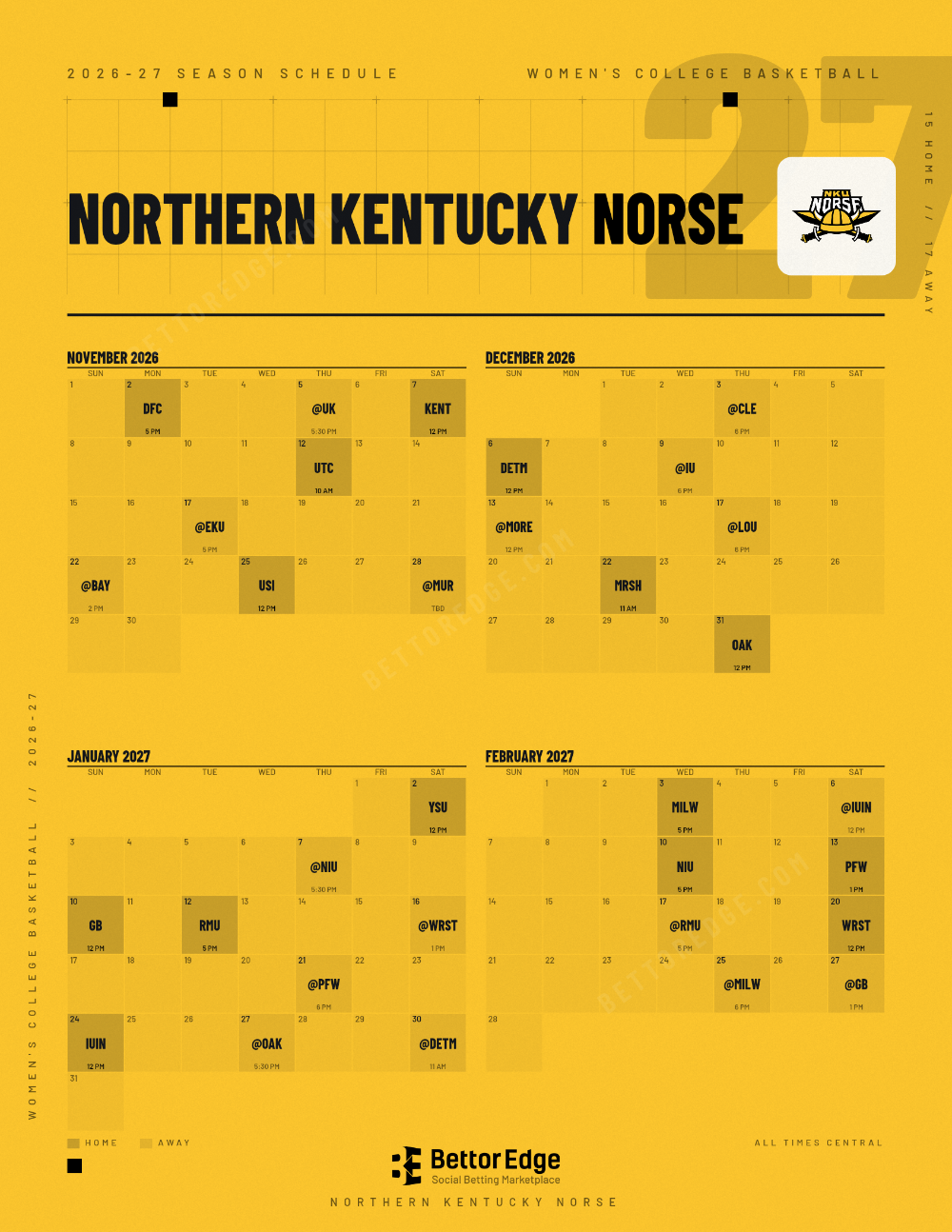 Northern Kentucky Norse 2026-27 women's basketball schedule, free printable, every game with start times and TV