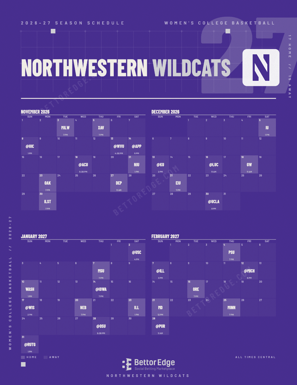 Northwestern Wildcats 2026-27 women's basketball schedule, free printable, every game with start times and TV