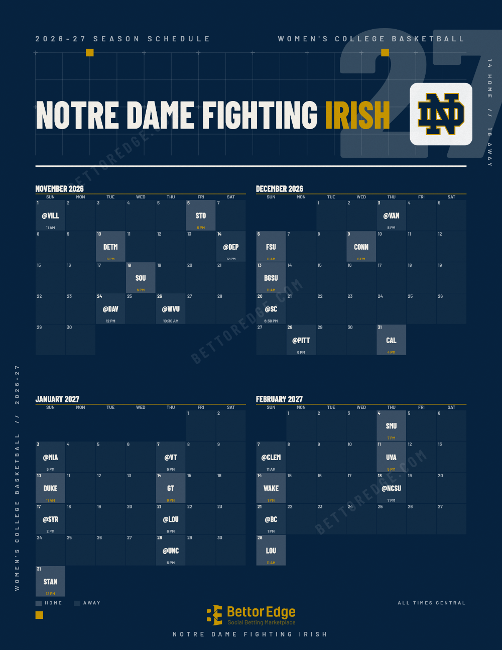 Notre Dame Fighting Irish 2026-27 women's basketball schedule, free printable, every game with start times and TV
