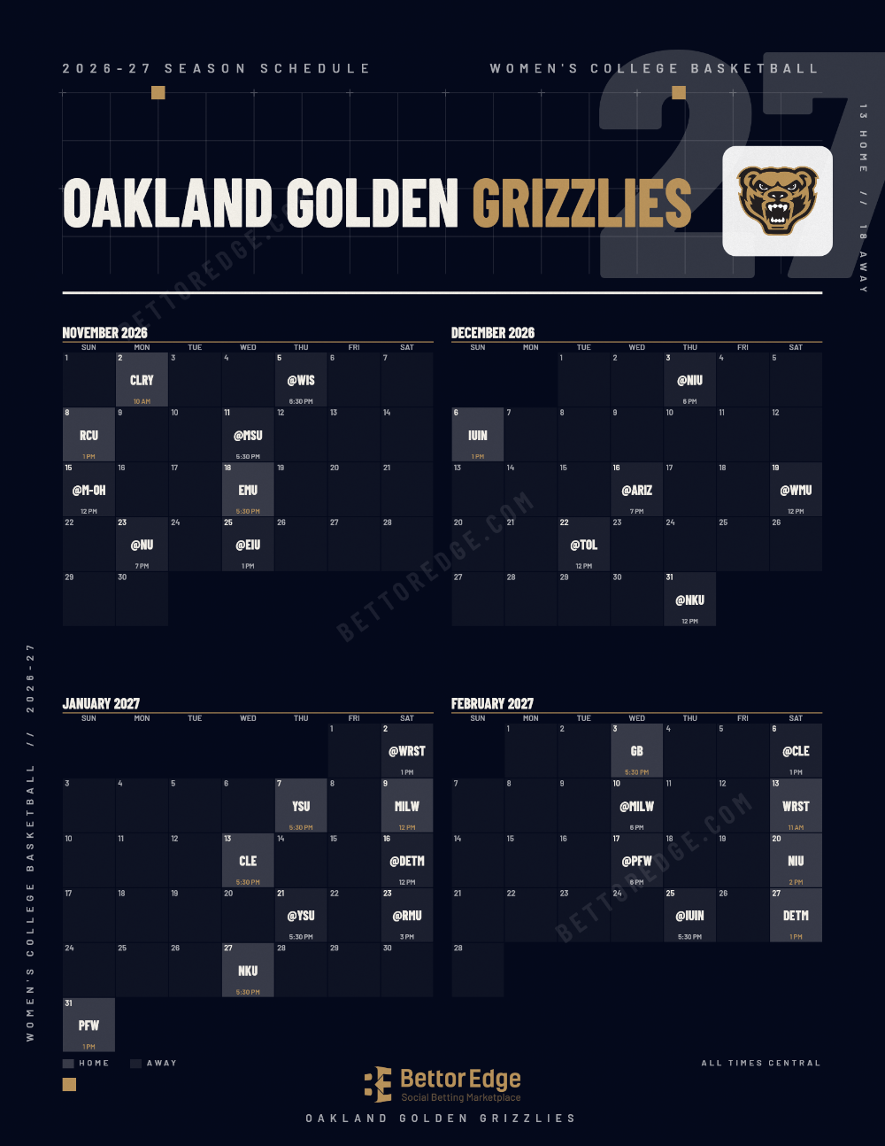Oakland Golden Grizzlies 2026-27 women's basketball schedule, free printable, every game with start times and TV