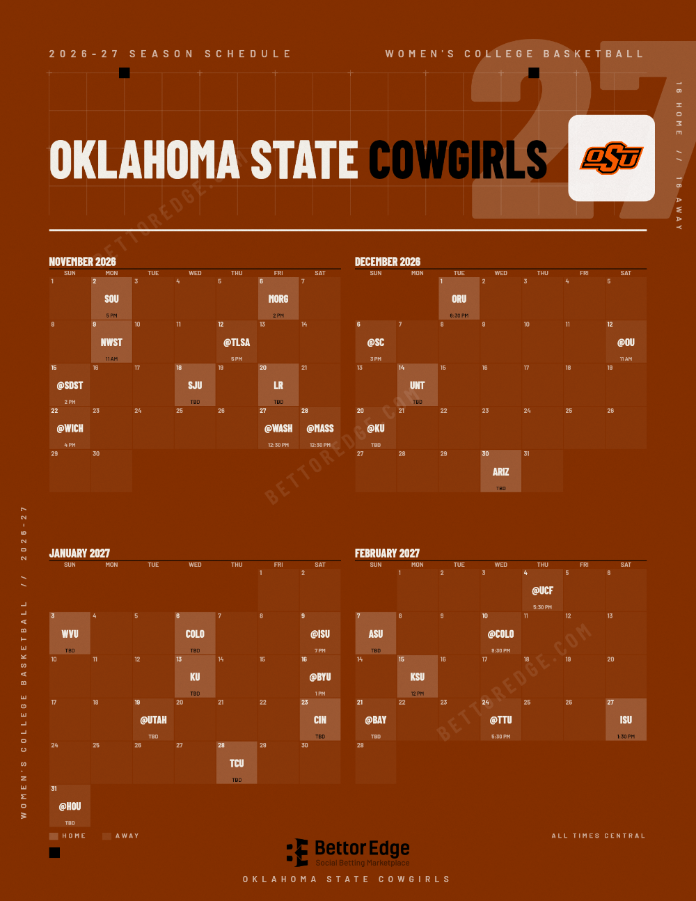 Oklahoma State Cowgirls 2026-27 women's basketball schedule, free printable, every game with start times and TV