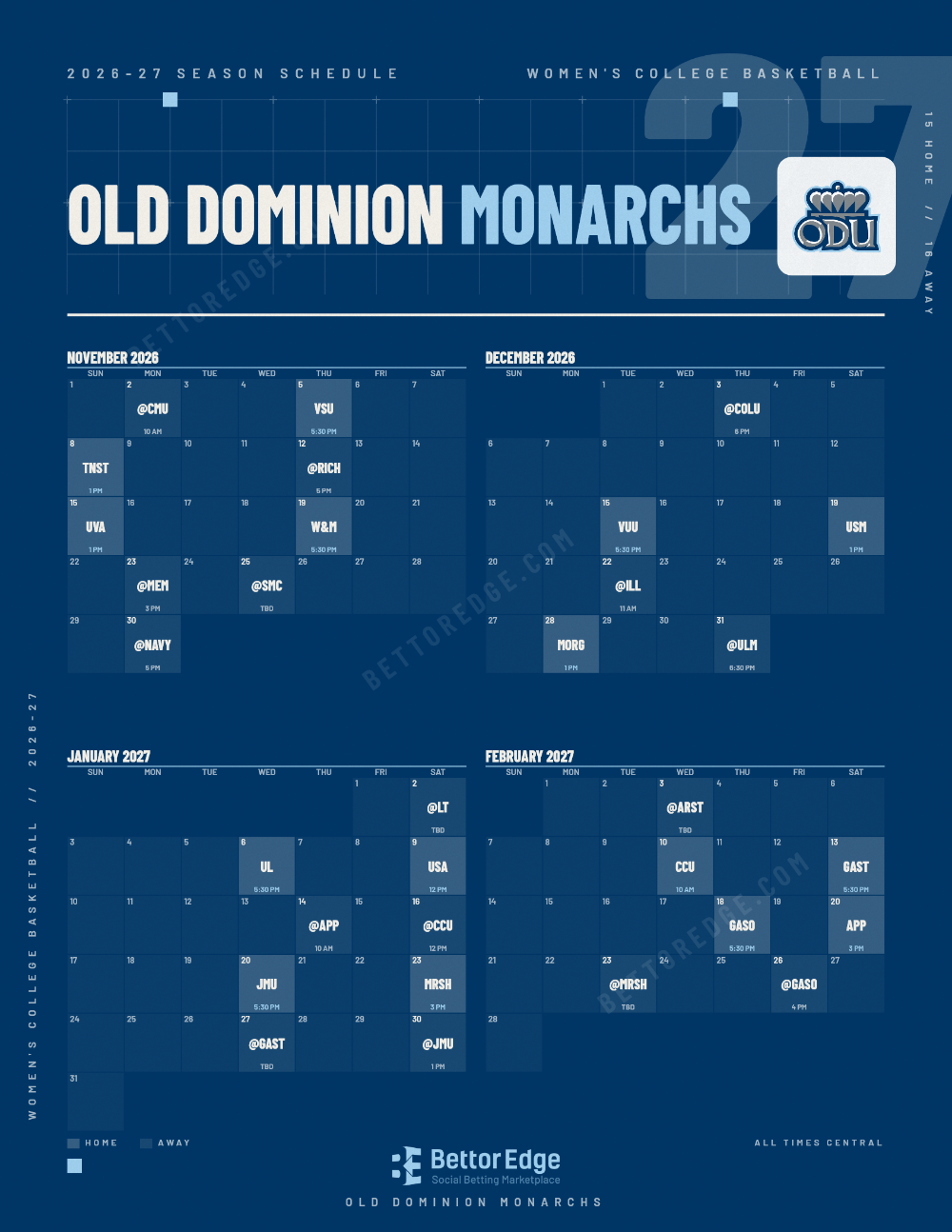 Old Dominion Monarchs 2026-27 women's basketball schedule, free printable, every game with start times and TV