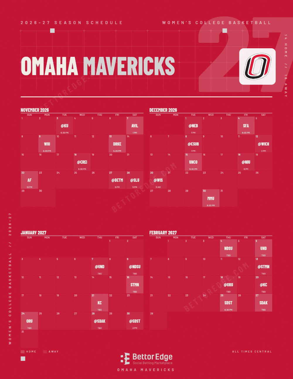 Omaha Mavericks 2026-27 women's basketball schedule, free printable, every game with start times and TV