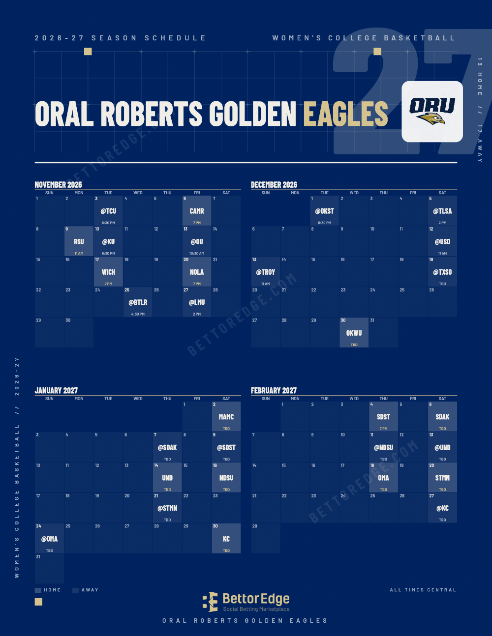 Oral Roberts Golden Eagles 2026-27 women's basketball schedule, free printable, every game with start times and TV