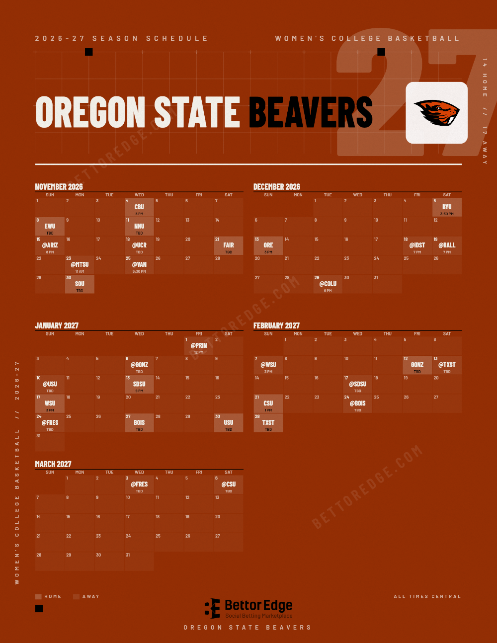Oregon State Beavers 2026-27 women's basketball schedule, free printable, every game with start times and TV