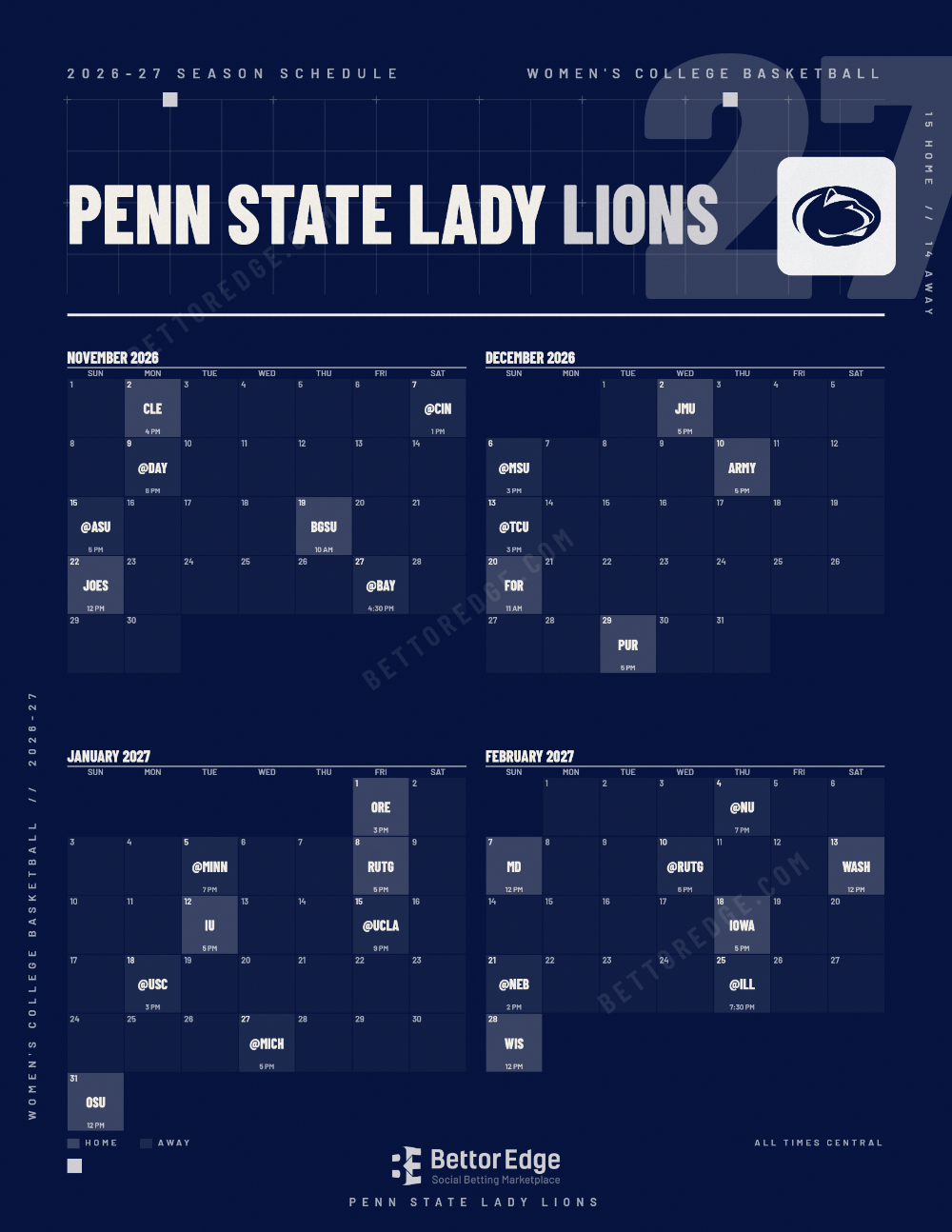 Penn State Lady Lions 2026-27 women's basketball schedule, free printable, every game with start times and TV