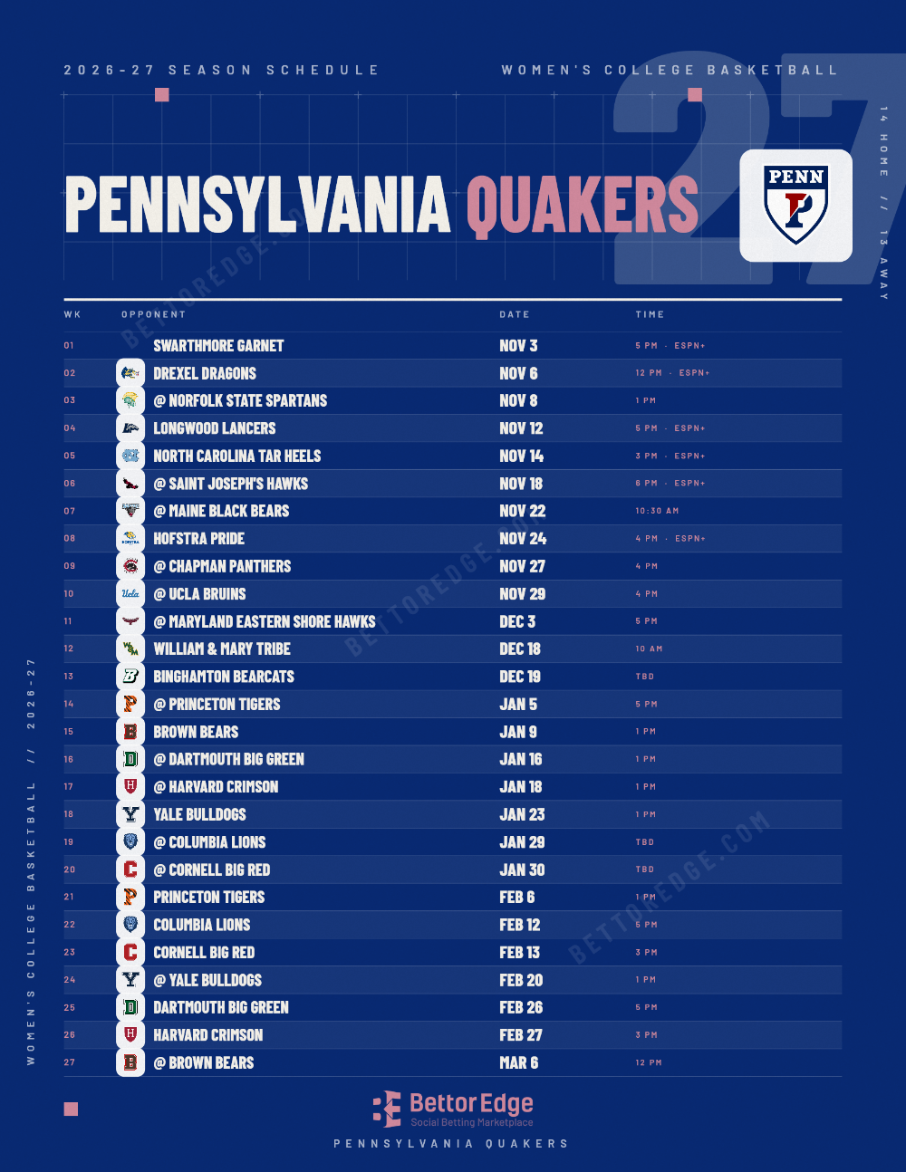 Pennsylvania Quakers 2026-27 women's basketball schedule, free printable, every game with start times and TV