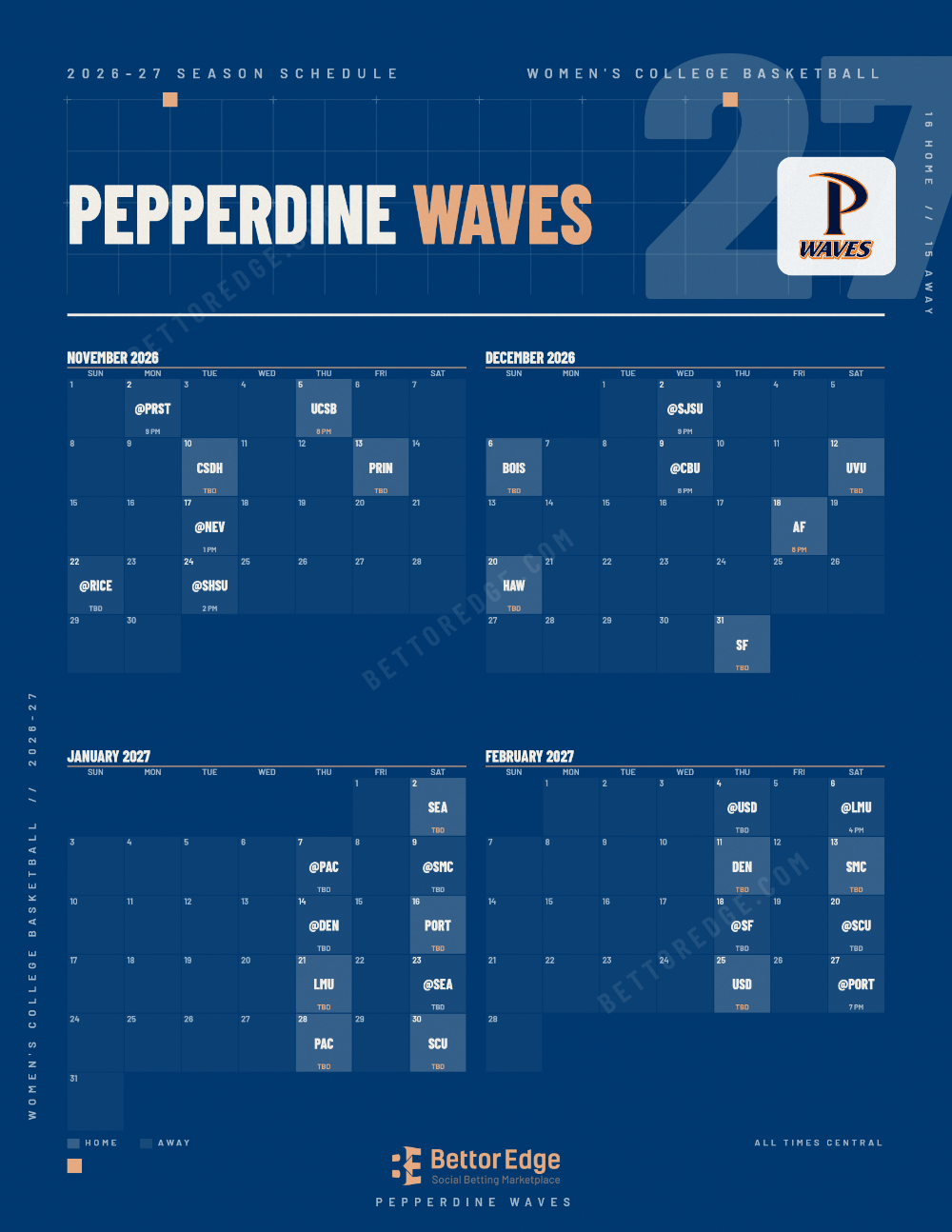 Pepperdine Waves 2026-27 women's basketball schedule, free printable, every game with start times and TV