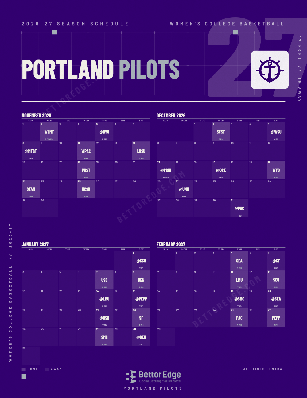 Portland Pilots 2026-27 women's basketball schedule, free printable, every game with start times and TV