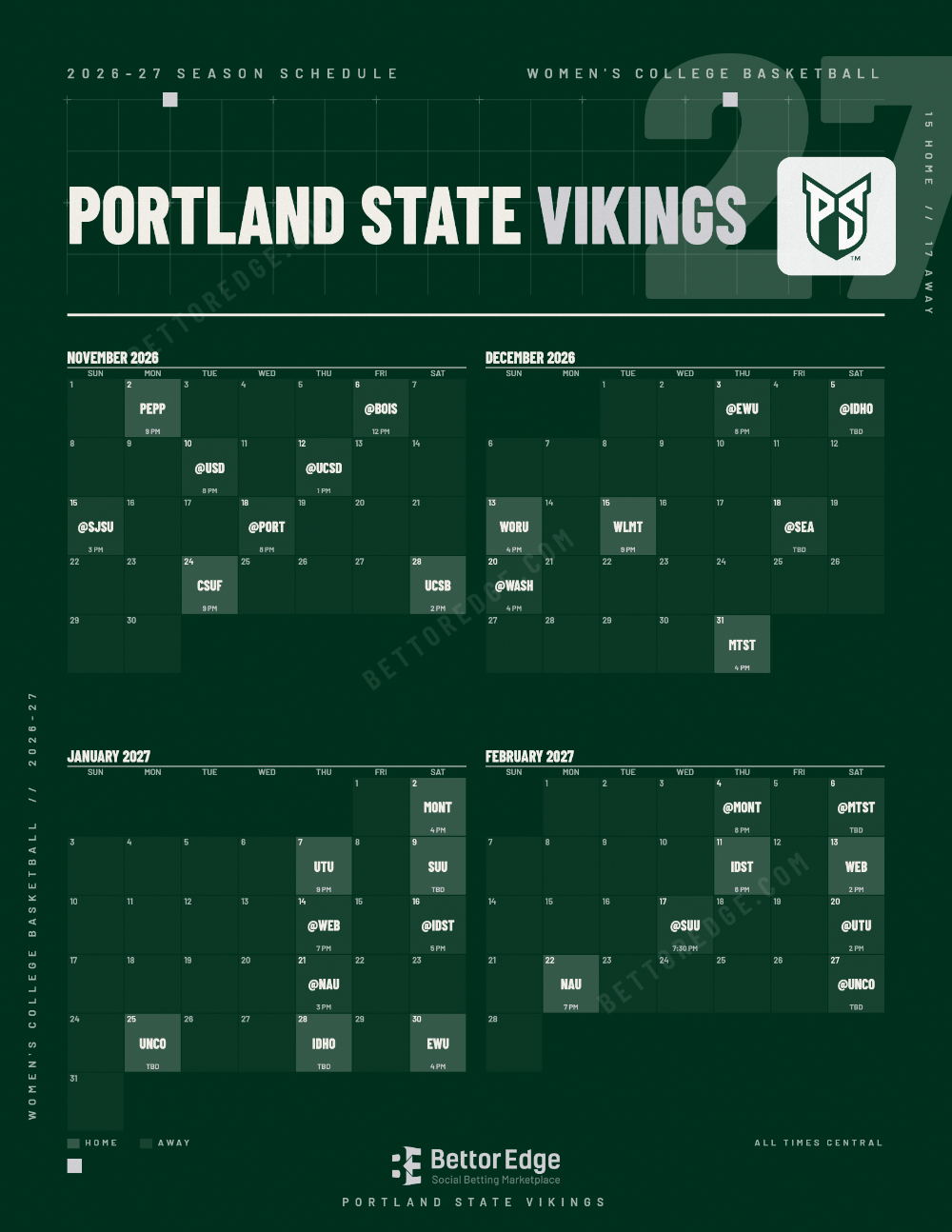 Portland State Vikings 2026-27 women's basketball schedule, free printable, every game with start times and TV