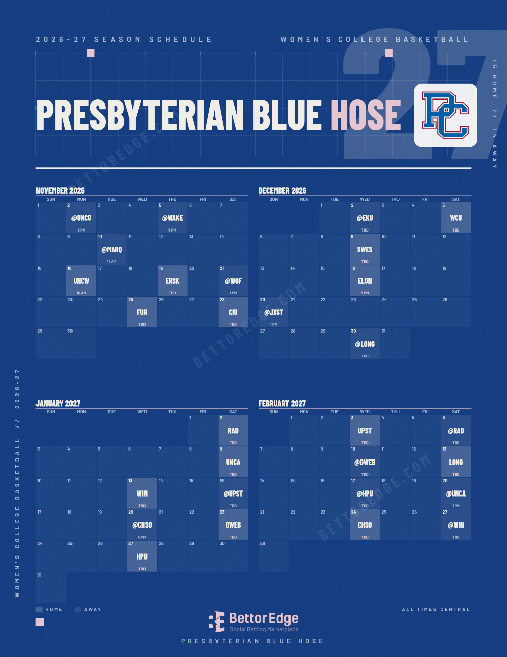 Presbyterian Blue Hose 2026-27 women's basketball schedule, free printable, every game with start times and TV
