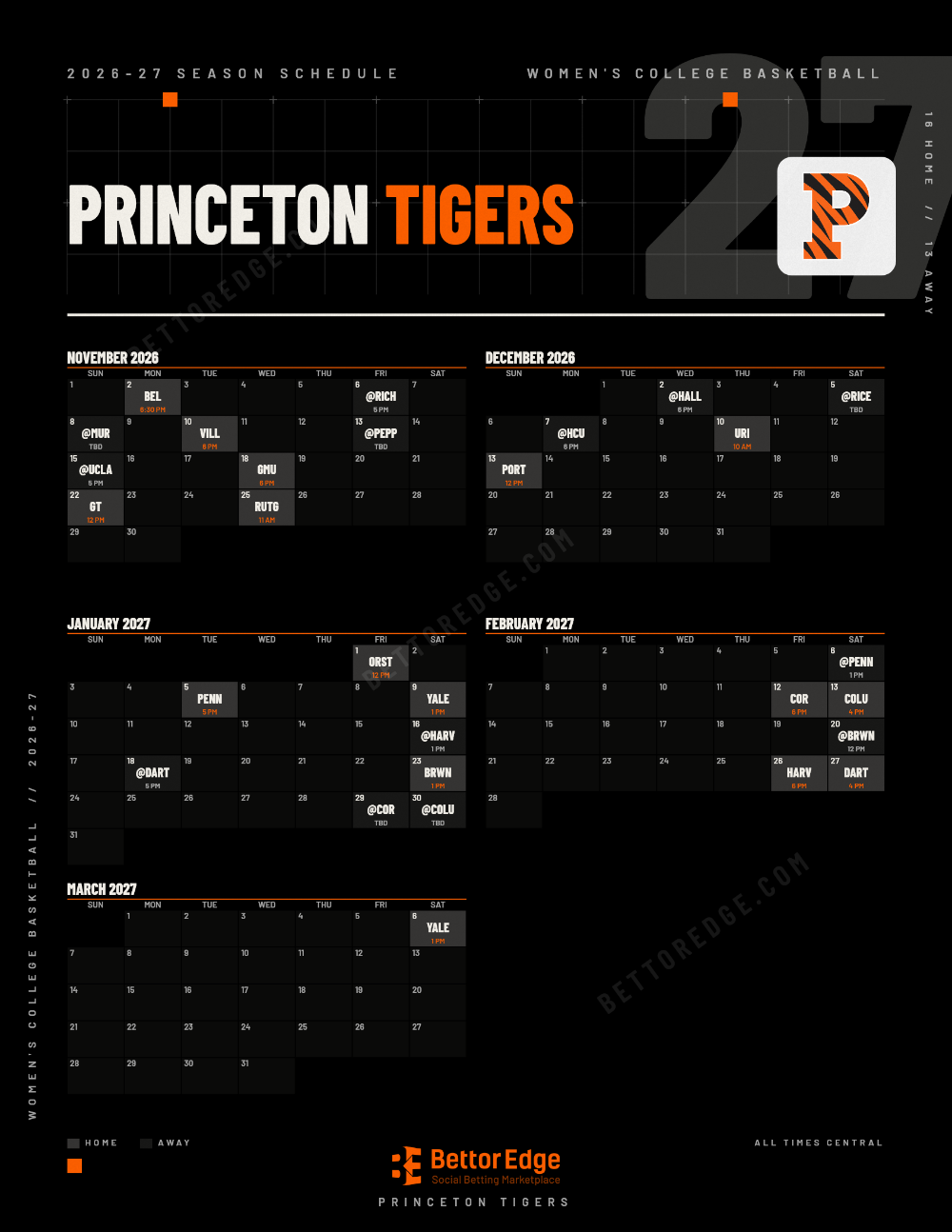 Princeton Tigers 2026-27 women's basketball schedule, free printable, every game with start times and TV