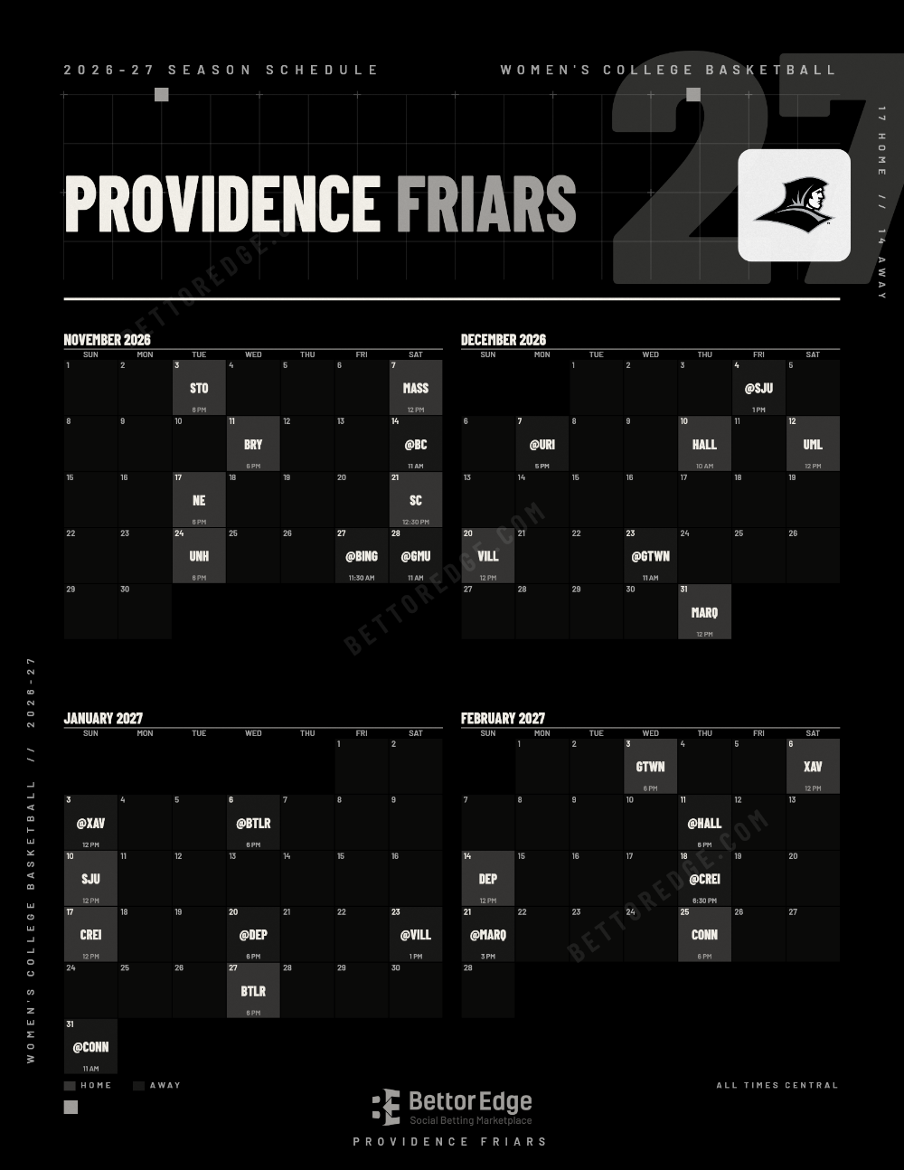 Providence Friars 2026-27 women's basketball schedule, free printable, every game with start times and TV