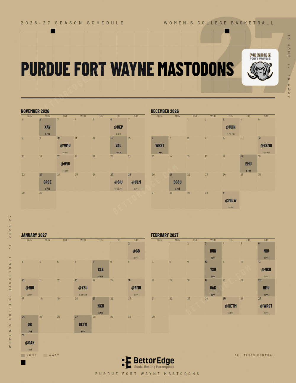 Purdue Fort Wayne Mastodons 2026-27 women's basketball schedule, free printable, every game with start times and TV